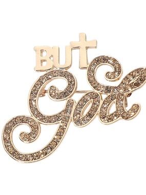 Gold-tone 'But God’ Script Brooch with Crystal Accents